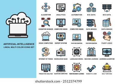 Conjunto de iconos multicolores lineales de inteligencia artificial. contiene automatización, ciencia cognitiva, computación de borde, aprendizaje automático y más. uso para el concepto moderno, el Web y el desarrollo de App. Vector EPS 10