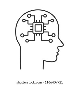 Artificial intelligence linear icon. Robot. Human head with chip digital network. Thin line illustration. Robotics. Contour symbol. Vector isolated outline drawing. Editable stroke