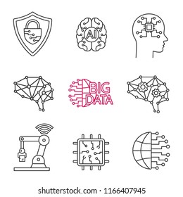 Artificial intelligence linear icons set. Neurotechnology. Cybersecurity, ai, big data, iot, internet of things, chip. Thin line contour symbols. Isolated vector outline illustrations. Editable stroke