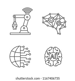 Artificial intelligence linear icons set. Thin line contour symbols. Neurotechnology. Big data, deep learning AI, IoT robot, digital brain. Isolated vector outline illustrations. Editable stroke