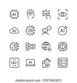 Artificial Intelligence, linear style icons set. AI, including neural network, a chatbot, machine learning, cloud computing, automation, robotics and data processing. Editable stroke width