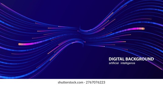 Artificial Intelligence lines banner. Ai perspective colorful stream dots lines waves on blue background. Speed sport technology concept with blurred design.