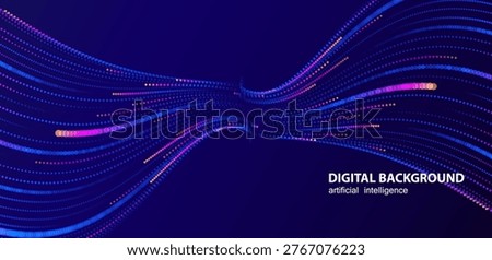 Artificial Intelligence lines banner. Ai perspective colorful stream dots lines waves on blue background. Speed sport technology concept with blurred design.