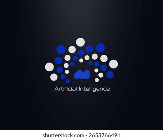 Logo für künstliche Intelligenz mit blauen und weißen Netzpunkten, die auf dunklem Hintergrund ein abstraktes Gehirn bilden. Perfekt für KI, Technik, Daten, Machine Learning und Startup Branding. Vektorgrafik.