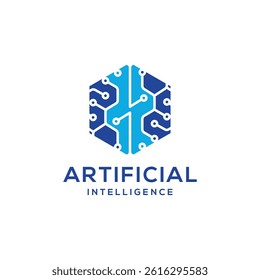 Artificial intelligence logo design modern minimal brain circuit hexagon shape for ai and tech industry 