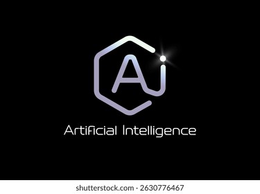 Artificial intelligence logo in hexagon liner shape, glowing tech futuristic style emblem for AI platforms, tech startups, smart software branding. Vector illustration