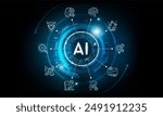 Artificial Intelligence Logo on futuristic technology background and icon, AI generative technology concept, neural network, big data, digital Hud futuristic and deep learning, vector illustration