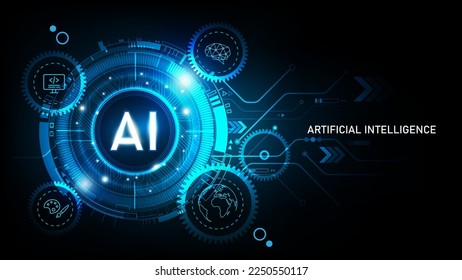 Logotipo de inteligencia artificial sobre el fondo de la tecnología futurista, concepto de interrupción de la IA, red neural, big data, Hud futurista digital y aprendizaje profundo, ilustración vectorial