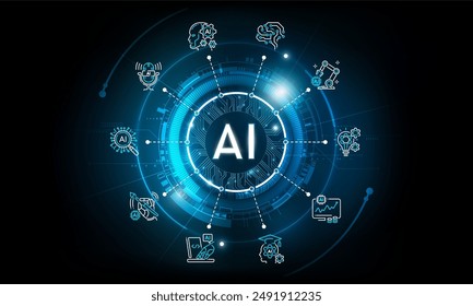 Artificial Intelligence Logo on futuristic technology background and icon, AI generative technology concept, neural network, big data, digital Hud futuristic and deep learning, vector illustration