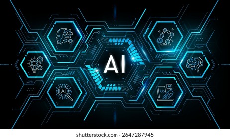 Inteligencia artificial Logotipo sobre fondo e ícono de tecnología futurista, concepto de tecnología generativa de IA, red neuronal, big data, Hud digital futurista y aprendizaje profundo, Ilustración vectorial