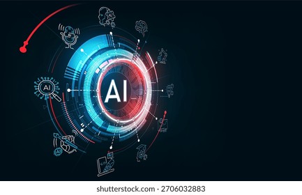 Inteligencia artificial Logotipo sobre fondo e ícono de tecnología futurista, concepto de tecnología generativa de IA, red neuronal, big data, Hud digital futurista y aprendizaje profundo, Ilustración vectorial