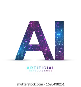 Artificial Intelligence Logo Plexus effect. Artificial Intelligence and Machine Learning Concept. Vector symbol AI. Neural networks and another modern technologies concepts. Technology sci-fi concept