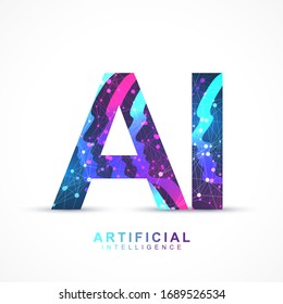 Artificial Intelligence Logo Plexus effect. Artificial Intelligence and Machine Learning Concept. Vector symbol AI. Neural networks and another modern technologies concepts. Technology sci-fi concept