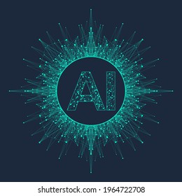 Artificial Intelligence Logo Plexus effect. Artificial Intelligence and Machine Learning Concept. Vector symbol AI. Neural networks and another modern technologies concepts. Technology sci-fi concept