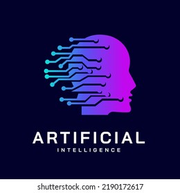 Artificial Intelligence logo,human face,Electronic circuit grid. Dynamic line and point symbol with human head. Virtual Assistant service icon. Machine learning, digital brain and thought process