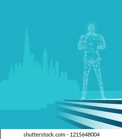 Artificial intelligence looking towards the city. Arrow showing the way of future developing