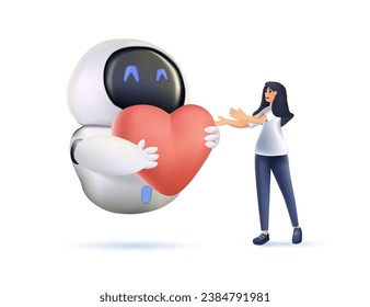 Artificial intelligence love, human and robotic concept 3D. Human and robot hands holding red heart together as symbol of love care and tenderness 3D vector illustration