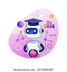 Artificial intelligence machine, isolated robot wearing graduation hat. Vector AI technology and futuristic innovations for business and development. Bot able to think, analyze and solve issues