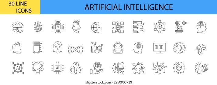 Artificial intelligence. Machine learning. 30 line icons set. Vector illustration. Editable stroke.