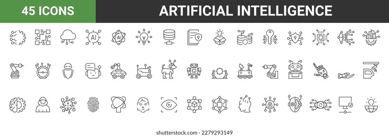 Artificial intelligence. Machine learning. 45 line icons set. Vector illustration. Editable stroke.