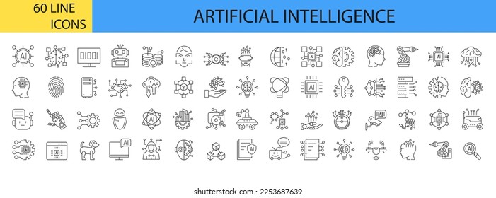 Inteligencia artificial. Aprendizaje automático. 60 iconos de línea. Ilustración vectorial. Trazo editable.