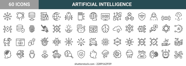 Artificial intelligence. Machine learning. 60 line icons set. Vector illustration. Editable stroke.