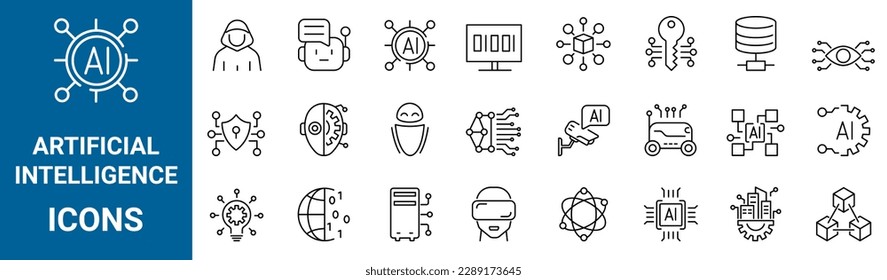 Artificial intelligence. Machine learning. 60 line icons set. Vector illustration. Editable stroke.