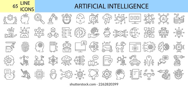 Artificial intelligence. Machine learning. 65 line icons set. Robotic, AI. Vector illustration. Editable stroke.