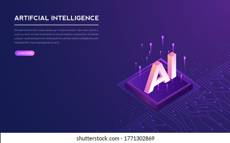 Artificial intelligence, machine learning, ai, data deep learning for future technology artwork, mining, isometric, neural network, machine programming and Responsive web banner. vector Illustration. 