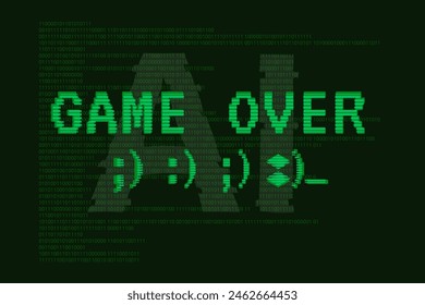 Artificial intelligence and machine learning ai and fake bits 01 as background on a vintage retro game over sign including crt scan lines with old type faces wink, smiley and joker