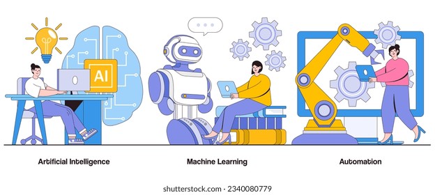 Artificial Intelligence, Machine Learning, Automation Concept with Character. Smart Technology Abstract Vector Illustration Set. Efficiency, Innovation, Intelligence Metaphor.