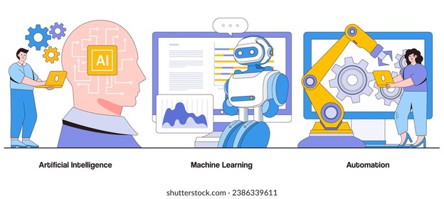 Artificial intelligence, machine learning, automation concept with character. Business efficiency abstract vector illustration set. Smart algorithms, data analytics, decision-making automation.