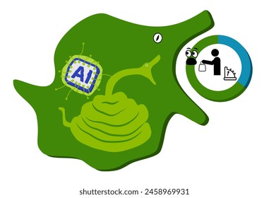 Inteligencia artificial y aprendizaje automático como una célula con un chip conectado mientras el núcleo golpea al sector minorista donde se anticipa que la IA reemplazará la mayoría del trabajo