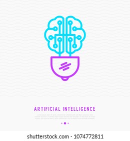 Artificial intelligence or machine learning concept: light bulb with brain. Thin line icon. Modern vector illustration.