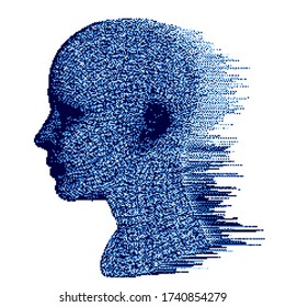 Artificial intelligence and Machine Learning concept. Human head with glitched pixels, distorted profile of a woman made of square particles.