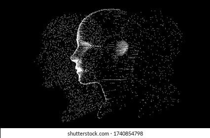 Artificial intelligence and Machine Learning concept. Human head with glitched pixels, distorted profile of a woman made of square particles.