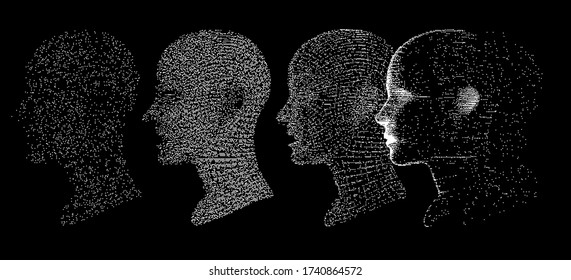 Artificial intelligence and Machine Learning concept. Human head with glitched pixels, distorted profile of a woman made of square particles.