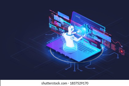 Artificial intelligence and machine learning concept landing page. Artificial intelligence banner. Chat bot, digital assistant concept. Cyber robot deals with Web development coding and programming