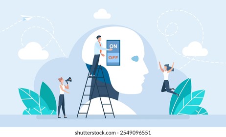 Artificial intelligence and machine learning concept. Head robot with power button. AI technology. Productivity and project management skills. Artificial intelligence in future. Vector illustration