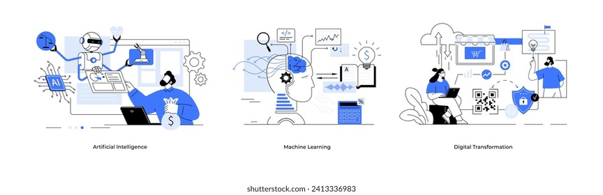 Conjunto de conceptos de transformación digital de aprendizaje de máquina de inteligencia artificial. Vector de línea de aprendizaje profundo. Ai, minería de datos, algoritmo, red neural, aprendizaje profundo autónomo. Fintech de finanzas. Bot de charla