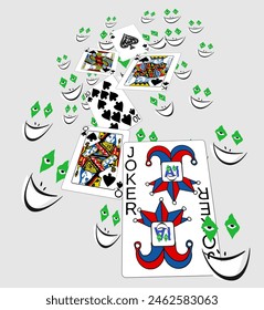 Artificial intelligence and machine learning as falling flying playing a royal flush with the smiling joker having a chip in a poker game on a background of smiling joker faces
