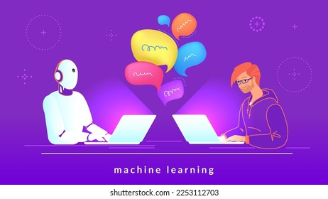 Artificial intelligence and machine learning. Gradient vector illustration of male teenager texting to chatbot using laptop. Virtual intelligent assistance, customer care and help desk