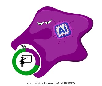 Artificial intelligence and machine learning as a hungry cell with a connected chip as nucleus eating an illustration of education showing that AI is taking over and will replace work in education