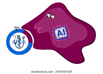 Inteligencia artificial y aprendizaje automático como una célula hambrienta con un chip conectado como núcleo que se acerca a una ilustración del sector de la medicina que muestra que la IA está llegando a reemplazar el trabajo en medicina