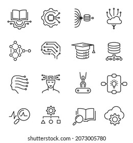 Artificial Intelligence Machine Learning Icon Line Art Vector Illustration. Collection Smart Robotic Cloud Computing Network Digital Idea Isolated. AI Technology, Internet, Solving, Algorithm, Develop