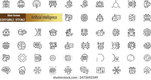 Conjunto de iconos de inteligencia artificial y aprendizaje automático. Ilustración gráfica de Vector