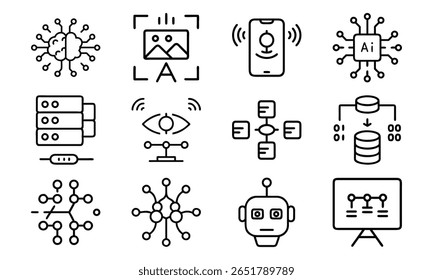 Artificial Intelligence and Machine Learning Icon Set – AI, Neural Network, Data Mining, Computer Vision, Voice Recognition, and Robotics Line Icons for Tech and Software Design

