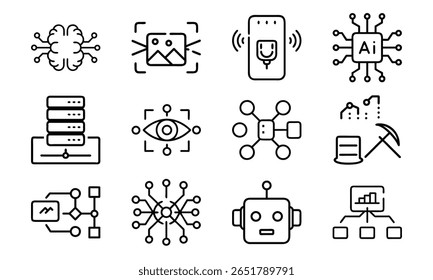 Artificial Intelligence and Machine Learning Icon Set – AI, Neural Network, Data Mining, Computer Vision, Voice Recognition, and Robotics Line Icons for Tech and Software Design

