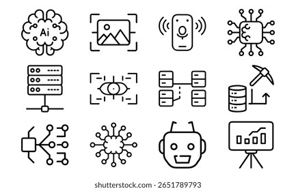 Artificial Intelligence and Machine Learning Icon Set – AI, Neural Network, Data Mining, Computer Vision, Voice Recognition, and Robotics Line Icons for Tech and Software Design

