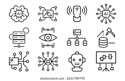 Artificial Intelligence and Machine Learning Icon Set – AI, Neural Network, Data Mining, Computer Vision, Voice Recognition, and Robotics Line Icons for Tech and Software Design

